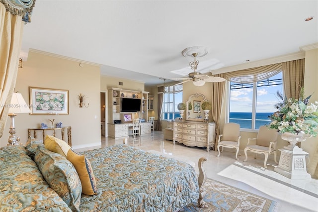 bedroom featuring multiple windows, crown molding, and ceiling fan