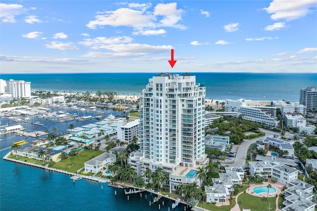 aerial view featuring a water view