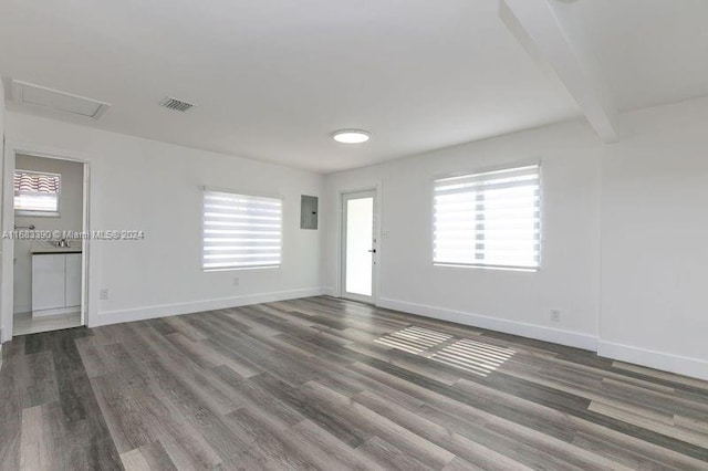 unfurnished room featuring a healthy amount of sunlight and dark wood-type flooring