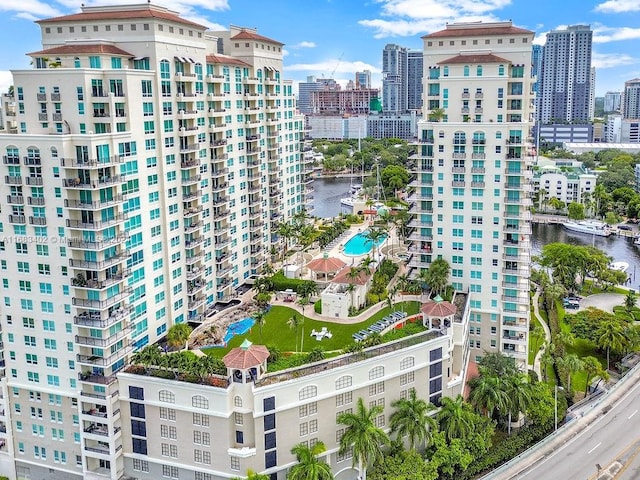 view of building exterior with a water view