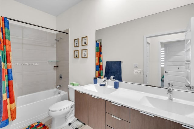 full bathroom featuring toilet, shower / bath combo with shower curtain, vanity, and tile patterned flooring