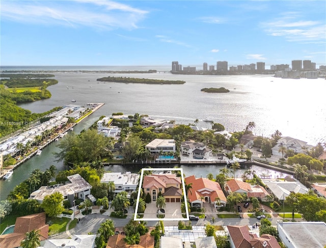 aerial view featuring a water view