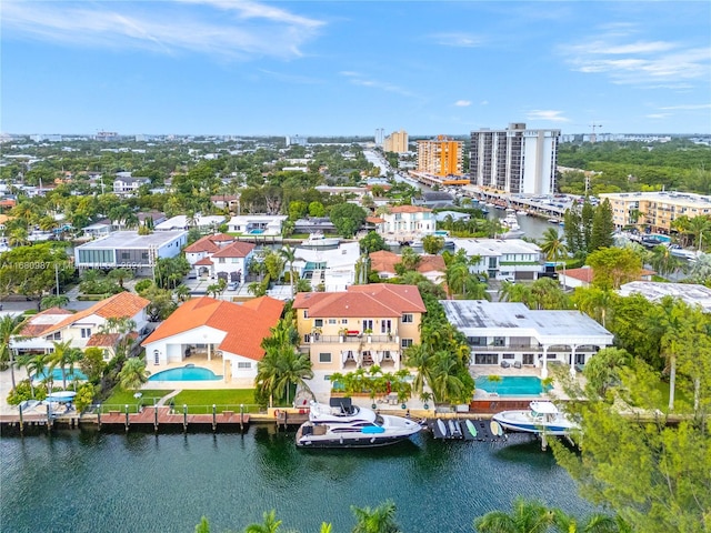 bird's eye view with a water view