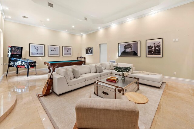 living area with crown molding, recessed lighting, and billiards