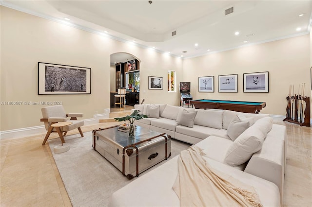 tiled living room featuring ornamental molding and billiards