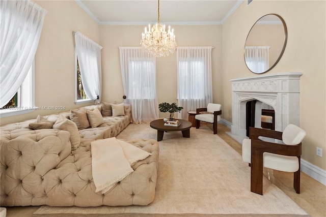 living room featuring ornamental molding and an inviting chandelier