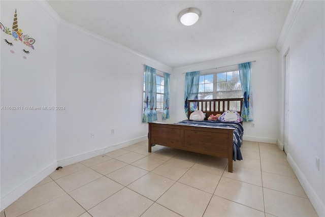 tiled bedroom with ornamental molding