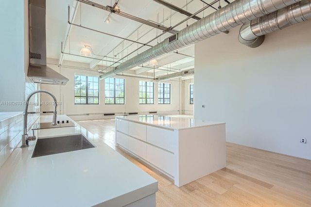 kitchen with white cabinetry, a center island, sink, and light hardwood / wood-style flooring