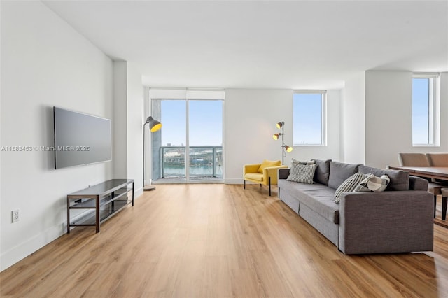 living room featuring light wood-type flooring and a wall of windows