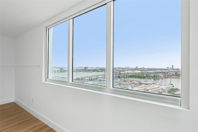 spare room featuring hardwood / wood-style flooring and a water view