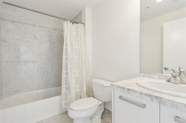 full bathroom featuring toilet, tile patterned flooring, vanity, and shower / tub combo with curtain