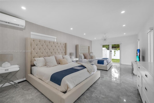 bedroom with an AC wall unit, french doors, recessed lighting, and access to exterior