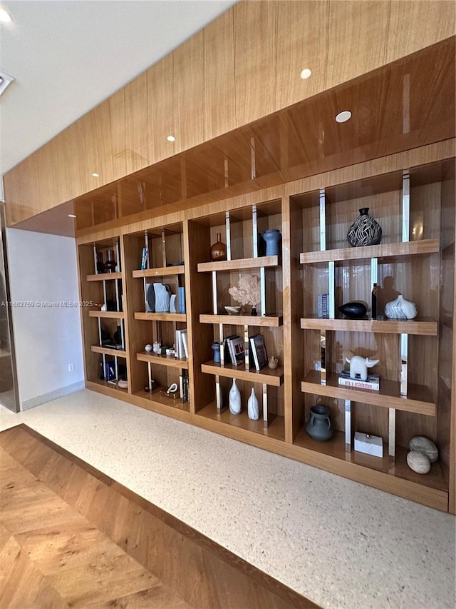 interior space featuring parquet flooring