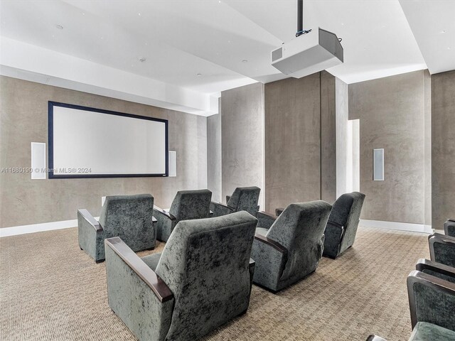 home theater with light carpet