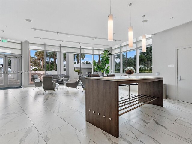 kitchen featuring expansive windows, hanging light fixtures, and french doors