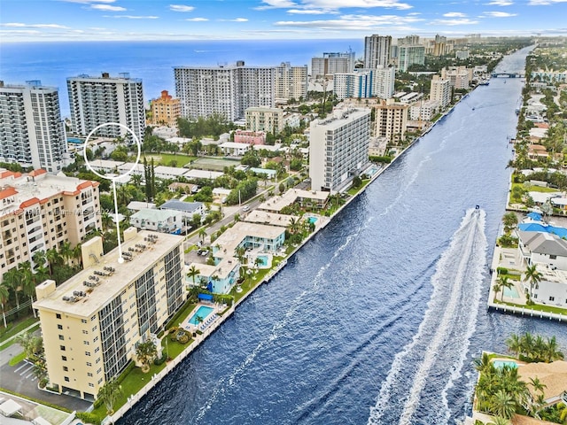 drone / aerial view featuring a water view