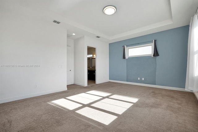 unfurnished bedroom featuring a tray ceiling and light colored carpet