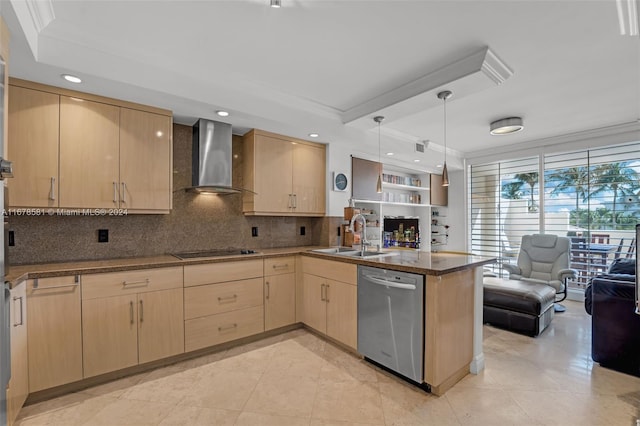 kitchen featuring light brown cabinets, kitchen peninsula, dishwasher, wall chimney exhaust hood, and sink