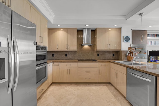 kitchen featuring stainless steel appliances, wall chimney range hood, sink, and light brown cabinets