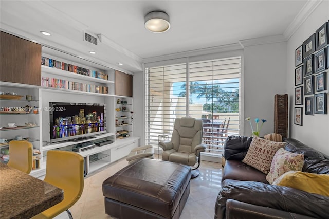 tiled living room with crown molding and built in features