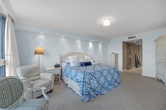 bedroom with ornamental molding and light colored carpet