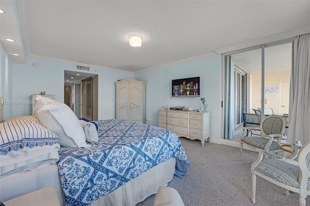 bedroom featuring light carpet and crown molding