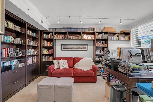 tiled office with crown molding and rail lighting