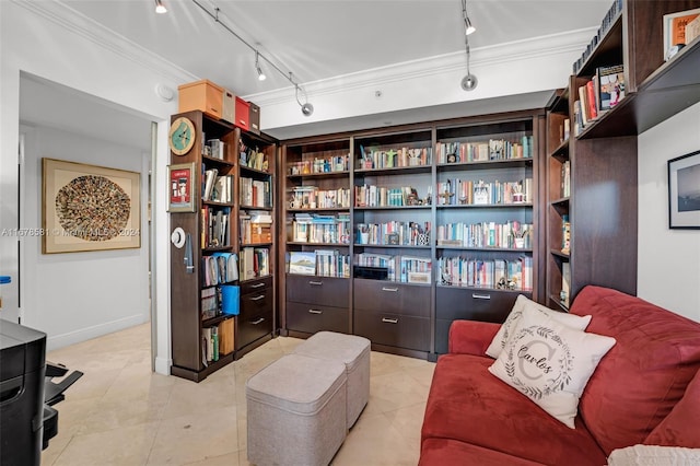 living area featuring ornamental molding, light tile patterned floors, and rail lighting