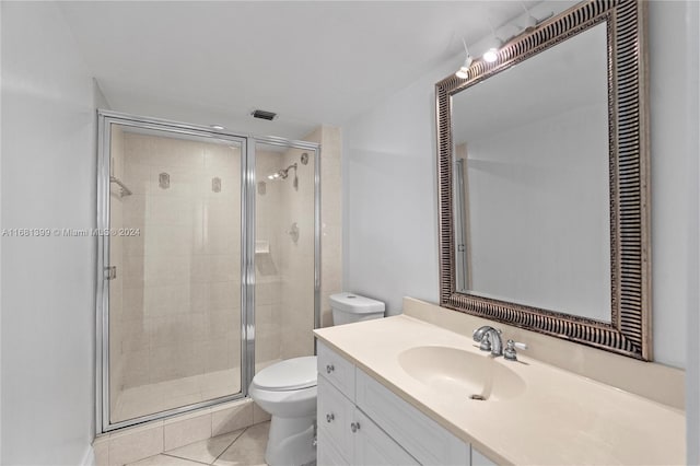 bathroom with tile patterned flooring, vanity, toilet, a shower stall, and visible vents