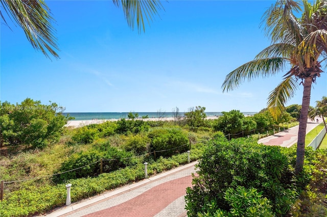 view of home's community featuring a water view and a view of the beach