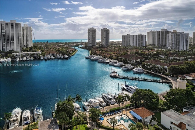 aerial view featuring a water view