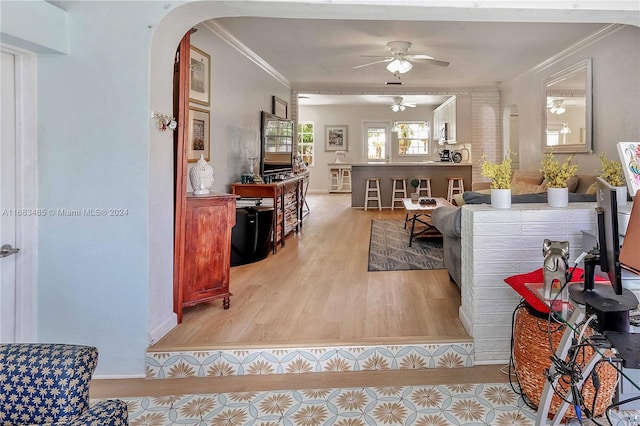 living room featuring crown molding, light wood-type flooring, and ceiling fan