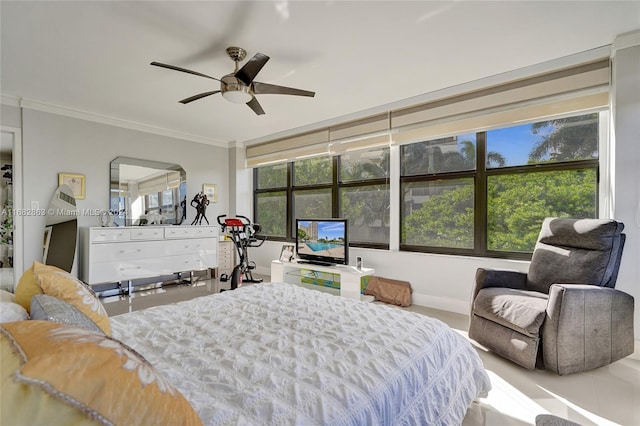 bedroom featuring ornamental molding, light tile patterned floors, and ceiling fan