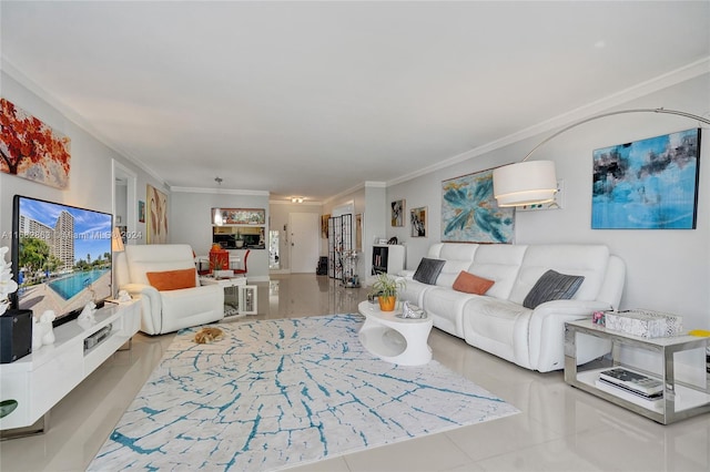 tiled living room with ornamental molding