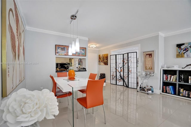 tiled dining room with crown molding