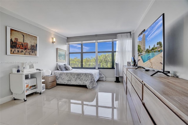 tiled bedroom featuring crown molding