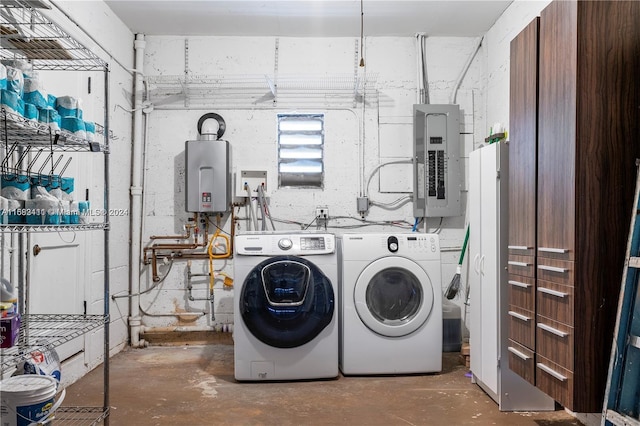 laundry room with electric panel, water heater, and washing machine and clothes dryer