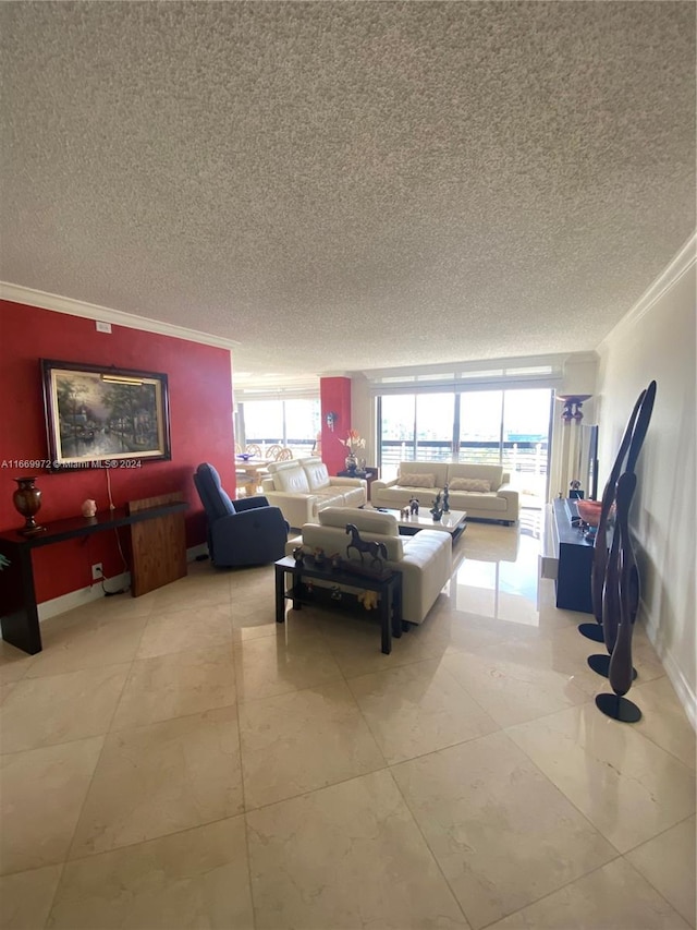 living room with crown molding, a textured ceiling, and light tile patterned flooring