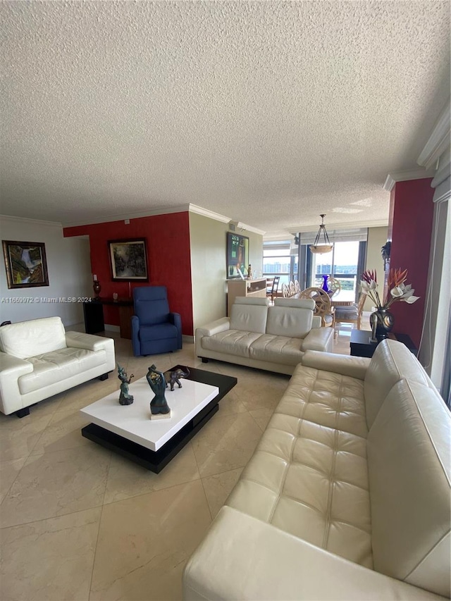 tiled living room featuring crown molding and a textured ceiling