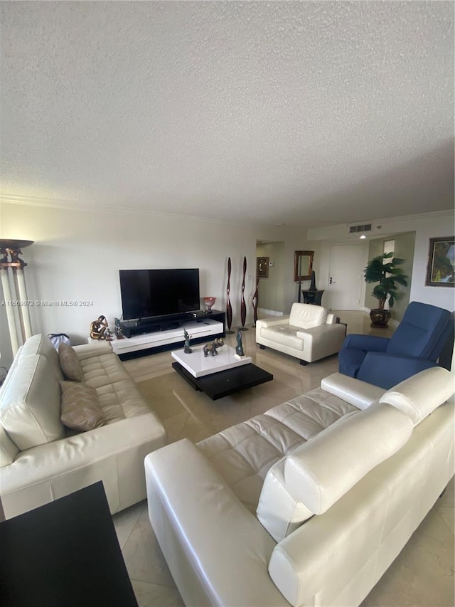 living room with a textured ceiling