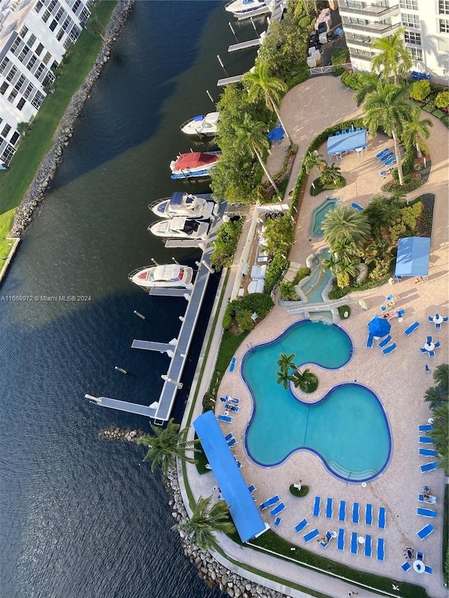 drone / aerial view with a water view