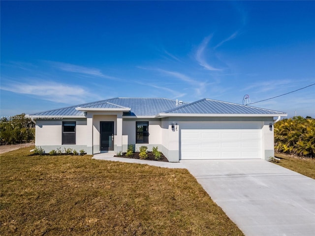 single story home with a garage and a front yard