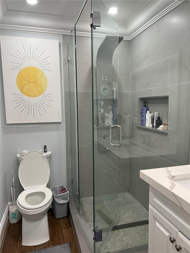 bathroom featuring wood-type flooring, vanity, toilet, and a shower with door