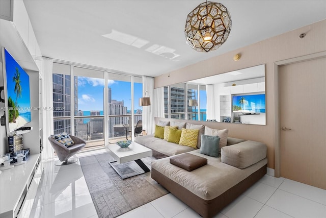 living room featuring light tile patterned floors