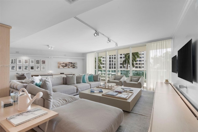 living room with ornamental molding, track lighting, and floor to ceiling windows