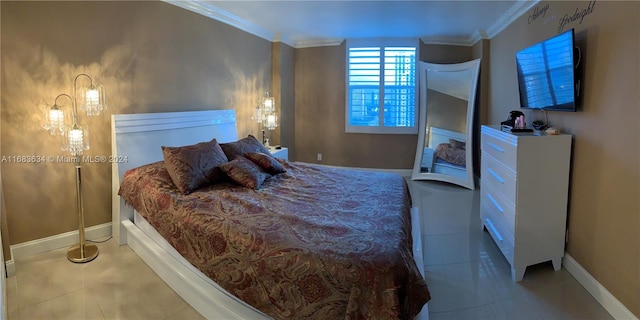 tiled bedroom with ornamental molding