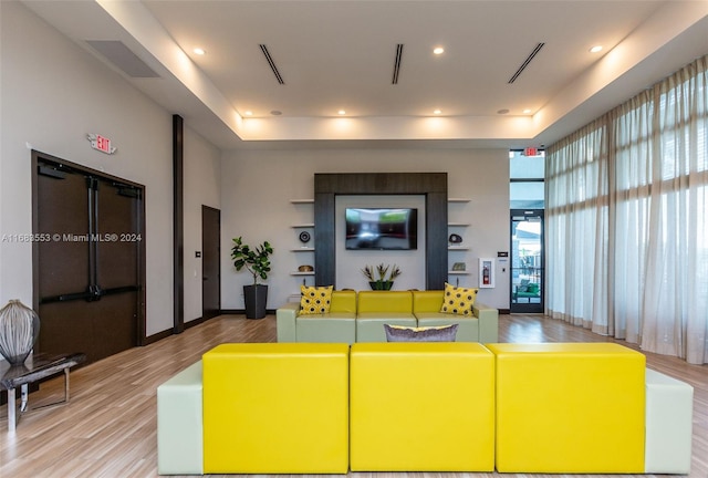 living room featuring light hardwood / wood-style floors and a raised ceiling