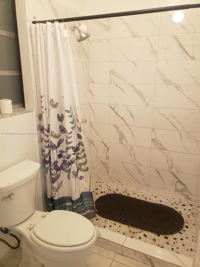 bathroom featuring a stall shower and toilet