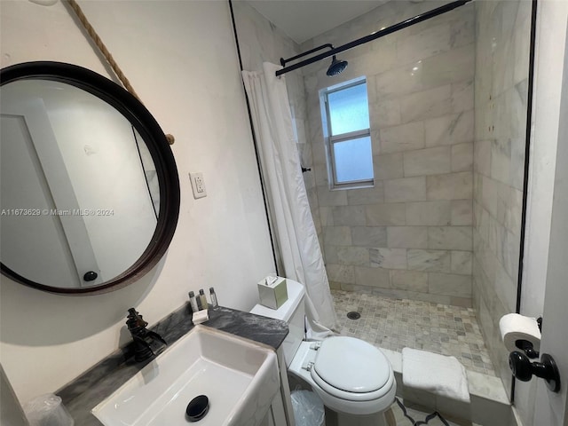 bathroom featuring toilet, curtained shower, and vanity