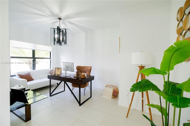 home office featuring a chandelier